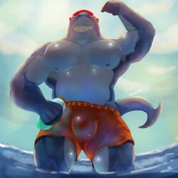 animal_humanoid anthro bulge epic_games fish fish_humanoid fortnite gabeccoon hi_res humanoid male male_only marine marine_humanoid muscular muscular_male nipple_piercing nipples pecs piercing safety_first_steve_(fortnite) shark shark_humanoid solo