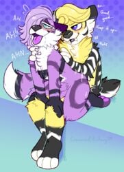 anthro blue_eyes crownedvictory dialogue fur furry male male/male penetration purple_body purple_eyes purple_fur riding simple_background stippling tagme tongue tongue_out yellow_body yellow_fur