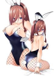 absurdres adjusting_clothes animal_ears areola_slip ass back bare_back bare_shoulders black_leotard blue_eyes blush breasts breasts_squeezed_together brown_hair cleavage commentary embarrassed eyebrows_hidden_by_hair fake_animal_ears fake_tail female fishnets go-toubun_no_hanayome hair_between_eyes hair_over_one_eye highres kosmos_beta large_breasts leotard long_hair looking_at_breasts looking_at_viewer looking_back multiple_views nakano_miku playboy_bunny rabbit_ears rabbit_tail simple_background sitting straight_hair strapless strapless_leotard tail thighs white_background white_wrist_cuffs wrist_cuffs