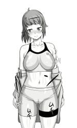 1girls big_breasts bike_shorts blush boots breasts busty cameltoe child_bearing_hips covered_nipples erect_nipples_under_clothes female female_only gundam gundam_build_fighters gundam_build_fighters_try high_ponytail highres hoshino_fumina large_breasts looking_to_the_side midriff monochrome navel ponytail sensual solo sports_bra thighs voluptuous yanagi_hirohiko
