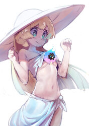 1girls abs ambiguous_gender bangs bikini bikini_lift blonde_hair blue_eyes blunt_bangs braid breasts cosmog female feral fully_clothed hat highres larger_female lillie_(pokemon) navel nebby_(pokemon) nintendo pokemon pokemon_(species) pokemon_sm sarong sho-n-d simple_background size_difference sketch small_breasts smile stomach sun_hat swimsuit underboob