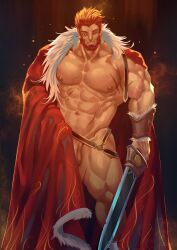 balls bara beard cape facial_hair fate_(series) flaccid iskandar_(fate) lander-laon laon8130 male male_only muscles muscular penis solo solo_male sword