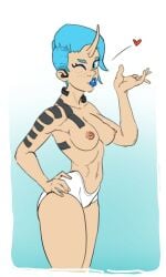 1girls bloomers blue_eyes blue_hair blue_lipstick breasts breasts_out fit fit_female freckles hand_on_hip horn looking_at_viewer oc original_character pinup tattoo tattoo_on_chest tattooed_arm tomboy white_panties wink winking_at_viewer yone_(zhiv) zhiv