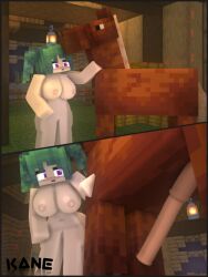 1boy 1girls 3d ass blue_eyes breasts carol_(kaneefox) comic green_hair horny_female horse_(minecraft) horsecock kaneefox mine-imator minecraft nude_female outside tagme wet_pussy zombie_girl