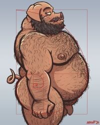 1boy anthro ass balls bara beard domestic_pig facial_hair fat fat_belly fat_man flaccid foreskin genitals golden_ratio hi_res joe_(nanoff) looking_at_viewer male male_only mammal mature_male nanoff nipples nude obese obese_male overweight overweight_male penis porcine_tail side_view solo standing suid suina sus_(pig)