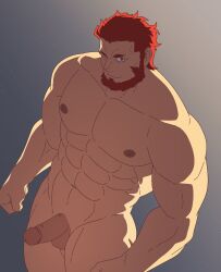 balls bara beard boner erection facial_hair fate_(series) iguana_dlrndksk iskandar_(fate) male male_only muscles muscular nude one_eye_closed penis solo solo_male