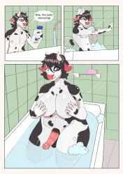 admiralbushed anthro bathing bathroom big_breasts black_markings blue_eyes bovid bovine breast_growth breasts brown_hair cattle colored comic dialogue english_text expansion gender_transformation growth gynomorph hair hand_on_breast hi_res horn intersex male mammal markings mtg_transformation mti_transformation nipples nude shampoo shower showering solo speech_bubble text thick_thighs thigh_expansion transformation water white_body