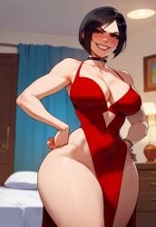 1girls ada_wong ai-created ai_generated bangs bare_shoulders bed bedroom black_choker black_hair blurry blurry_background blush bob_cut bracelet breasts brown_eyes choker clavicle cleavage clothing completely_nude covered_navel cowboy_shot curvaceous curvaceous_female curvaceous_figure curvy curvy_figure dress earrings female female_only floxin grin hands_on_hips indoors jewelry large_breasts looking_at_viewer no_bra pelvic_curtain pillow plunging_neckline red_dress resident_evil resident_evil_4 short_hair sleeveless smile solo thick_thighs thighs voluptuous voluptuous_female wide_hips