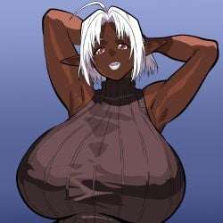 1girls arms_behind_head bare_shoulders big_breasts blue_background breasts commission dark-skinned_female dark_skin elf elf_ears elf_female female female_focus female_only fungus-man hi_res large_breasts lips lipstick medium_hair original original_character red_eyes self_upload smile smiling solo solo_female tagme turtleneck turtleneck_sweater upper_body white_hair white_lipstick