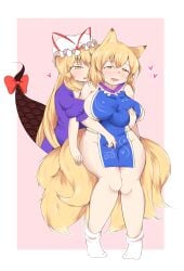 2girls ahe_gao almost_naked aroused blonde_hair blush breast_massage breast_rub commission drooling follow_up fox_ears fox_girl fox_tail gap_(touhou) golden_eyes grabbing_another's_breast grabbing_breasts half-closed_eyes hand_on_another's_thigh heart jungleboyayaya knees_together_feet_apart large_breasts long_hair mob_cap multiple_tails naked_tabard oerba_yun_fang puffy_sleeves purple_dress ran_yakumo red_ribbon rubbing_breast sidelocks socks squeezing_breast tabard tails taken_from_behind thick_thighs touhou wavy_mouth wavy_smile white_socks yakumo_ran yakumo_yukari yukari_yakumo yuri