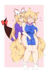 2girls ahe_gao almost_naked aroused blonde_hair blush breast_massage breast_rub commission drooling follow_up fox_ears fox_girl fox_tail gap_(touhou) golden_eyes grabbing_another's_breast grabbing_breasts half-closed_eyes hand_on_another's_thigh heart jungleboyayaya knees_together_feet_apart large_breasts long_hair mob_cap multi_tail multiple_girls naked_tabard oerba_yun_fang puffy_sleeves purple_dress ran_yakumo red_ribbon rubbing_breast sidelocks socks squeezing_breast tabard tail tails taken_from_behind thick_thighs touhou wavy_mouth wavy_smile white_socks yakumo_ran yakumo_yukari yukari_yakumo yuri