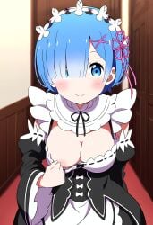 ai_generated areola_slip areolae blue_eyes blue_hair blush breasts cleavage detached_sleeves dress female frilled_sleeves frills hair_ornament hair_over_one_eye hair_ribbon indoors large_breasts looking_at_viewer maid maid_headdress medium_breasts pink_ribbon rem_(re:zero) ribbon roswaal_mansion_maid_uniform short_hair smile solo x_hair_ornament