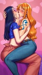 2girls big_ass big_breasts black_hair closed_eyes female female_only joylewds kissing nami nami_(one_piece) nico_robin one_piece orange_eyes passionate passionate_kiss post-timeskip yuri