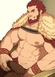 balls bara beard boner bulge erection erection_under_clothes facial_hair fate_(series) iskandar_(fate) male male_only muscles muscular penis ryker sitting solo solo_male