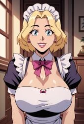 1girls ai_generated big_breasts blonde_hair breasts busty busty_female creature_commandos curvaceous curvaceous_female curvaceous_figure curvy curvy_figure dc dc_comics female female_focus female_only happy huge_boobs huge_breasts ilana_rostovic large_boobs large_breasts looking_at_viewer maid maid_apron maid_cap maid_dress maid_hat maid_headdress maid_outfit maid_uniform short_hair smile solo solo_female solo_focus voluptuous voluptuous_female zupern0va_(manipper)