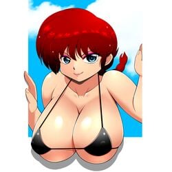 bikini bikini_top bimbo blue_eyes breaking_the_fourth_wall cleavage eyeshadow female gender_transformation genderswap genderswap_(mtf) huge_breasts large_breasts lipstick makeup moyashi ranma-chan ranma_1/2 ranma_saotome red_hair short_hair smiling swimsuit