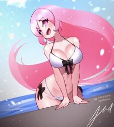 1girls ami_(gwain_saga) big_breasts bikini bikini_bottom bikini_top female gwain_saga jaxdrawz pink_hair pool poolside smile smiling smiling_at_viewer swimsuit tagme