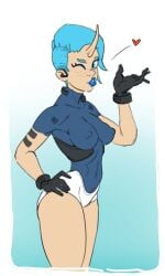 1girls bloomers blue_eyes blue_hair blue_lipstick clothed fit fit_female freckles gloves horn looking_at_viewer nipples_visible_through_clothing oc original_character pinup tattoo tattooed_arm tomboy wink winking_at_viewer yone_(zhiv) zhiv