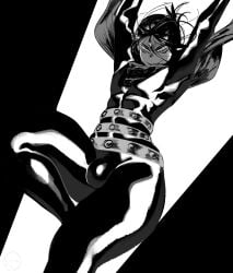 1boy arms_up black_hair bulge clothed clothing femboy fully_clothed krekk0v latex male_only monochrome muscular one-punch_man speed-o'-sound_sonic thick_thighs thighs tied_hair trap