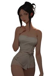 ai_generated big_breasts black_hair game_cg green_eyes looking_at_viewer red_lipstick starflint_descent threadweaver towel wearing_towel