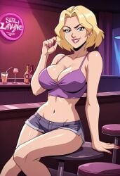1girls ai_generated blonde_hair breasts breasts cleavage creature_commandos crop_top dc_comics drinks female female female_focus female_only ilana_rostovic nightclub short_hair short_shorts shorts sitting smirk solo solo_female solo_focus stool zupern0va_(manipper)