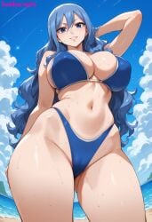 1girls ai_generated beach big_breasts bikini bikini_bottom bikini_top blue_bikini blue_eyes blue_hair bombacopta breasts curvy fairy_tail female grin hand_behind_head juvia_lockser large_breasts mature_female midriff one_hand_behind_head simple_background sweat thick_hips thick_thighs wet