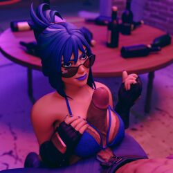 3d 3d_(artwork) big_breasts big_penis blue_hair blue_lipstick bra dark-skinned_male fortnite hope_(fortnite) lace-trimmed_bra light-skinned_female looking_over_eyewear looking_over_glasses looking_over_sunglasses macklesternsfw paizuri penis sunglasses tinted_eyewear titfuck titjob