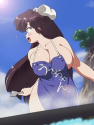 apron barbecue beach bow brown_hair cleavage female hair_ornament huge_breasts large_breasts long_hair looking_back mage_(harumagedon) naked_apron outdoor ranma_1/2 smiling thick_thighs ukyo_kuonji