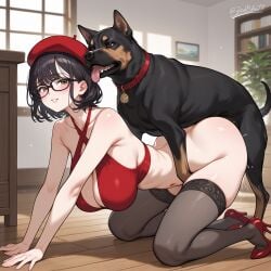 ai_generated anal_sex ass beret big_breasts big_butt big_heels canine cheating_wife dog_penis doggy_style glasses milf room short_hair socks thong vaginal_penetration wife zadbhell zoophilia