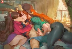 1boy 2girls ai_generated ass bed bedroom brother brother_and_sister brown_hair cabin cuddling dipper_pines ginger ginger_female ginger_hair gravity_falls hand_on_penis handjob hat kissing kissing laying_down laying_on_back laying_on_bed lucakp mabel_pines pants_down patreon patreon_link patreon_logo patreon_reward patreon_url patreon_username sister tagme tight_clothing wendy_corduroy