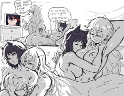 2girls absurdres after_sex ass bed bedroom black_hair blake_belladonna blonde_hair breasts canon_couple cat_ears closed_eyes completely_nude cuddling distracted grabbing_another's_breast heart highres hug imminent_kiss kill_la_kill lewdamone looking_to_the_side matoi_ryuuko mechanical_arms multiple_girls nipples nude pointing pussy rwby single_mechanical_arm sketch smile television yang_xiao_long yuri