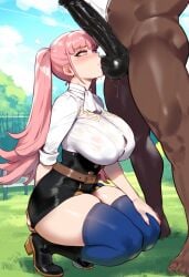 1boy 1girls ai_generated blowjob blush covering_ass dark-skinned_male fellatio fire_emblem fire_emblem:_three_houses hilda_valentine_goneril interracial kissing kissing_balls large_penis light-skinned_female oral oral_sex pink_eyes pink_hair pov squatting tagme tharkica thick_thighs