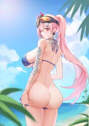 1girls absurdres arm_tattoo ass back beach bikini bikini_bottom_pull bikini_pull blue_bikini blue_sky breasts clothes_pull cloud cloudy_sky covered_nipples cowboy_shot earrings eyewear_on_head female from_behind girls'_frontline goggles goggles_on_head hair_ornament hairpin heart heart_earrings highres jewelry large_breasts long_hair looking_at_viewer looking_back lord-erica mole mole_under_eye multicolored_eyes multiple_hairpins neck_tattoo ocean outdoors palm_tree pink_hair ponytail sideboob sig_mcx_(girls'_frontline) sky smile solo sun swimsuit tattoo tree very_long_hair water