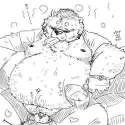 2016 anthro balls belly big_balls big_balls_small_penis big_belly black_and_white bodily_fluids bottomwear chest_tuft clock clothed clothing dessert eyewear food furry ice_cream japanese_text male mammal monochrome moobs navel nipples obese open_pants open_shirt overweight overweight_male pants penis shirt shorts sketch small_penis solo spread_legs spreading sunglasses sweat text topwear totemoii_029 tuft uchiwa_fan unknown_species unzipped watch wristwatch