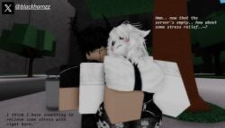 1boy big_breasts black_hair blackhornzz clothed female flirting foreplay hug_from_behind roblox teasing the_strongest_battlegrounds thick_thighs white_hair white_skin