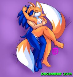 1boy 1girls 2019 2_tails 4_toes 5_fingers ambiguous_penetration anthro anthro_on_anthro anthro_penetrated anthro_penetrating anthro_penetrating_anthro armpits ass black_nose blue_body blue_fur bodily_fluids breasts canine closed_eyes cum cum_inside cum_on_ass cum_on_leg dated duo eulipotyphlan female female_penetrated fingers fox from_behind_position fur furry genital_fluids hand_holding hand_on_breast hand_on_head hedgehog interspecies kissing male male_penetrating male_penetrating_female mammal multi_tail nude penetration rule_63 sex sonic_(series) sonic_the_hedgehog spoon_position spooning straight tails tailsko text thick_thighs toes vellvetfoxie watermark white_body white_fur wide_hips yellow_body yellow_fur