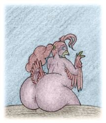 anthro anus ass avian aviannapper beak belly big_belly big_butt bird blue_eyes border feathers female hair looking_at_viewer looking_back nude open_beak open_mouth overweight overweight_female ponytail rear_view sitting solo tail tail_feathers white_border