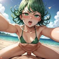 /\/\/\ 1boy 1girls ai_generated beach bikini blush breasts censored cloud curly_hair day female green_bikini green_eyes green_hair henrychrist looking_at_viewer male mosaic_censoring one-punch_man open_mouth outdoors penis petite pov pussy reaching_out sex short_hair sky small_breasts solo_focus straight swimsuit tatsumaki tongue vaginal_penetration