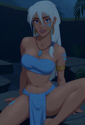 1girls ai_generated angel_light_(artist) armband artist_name atlantis:_the_lost_empire bare_arms bare_legs bare_midriff blue_eyes breasts cleavage crystal disney earrings facial_markings female female_only kida loincloth long_hair medium_breasts navel necklace sitting solo source_removed source_request tubetop white_hair