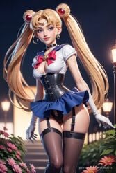 1girls ai_generated artist_name ass_visible_through_thighs bishoujo_senshi_sailor_moon black_panties black_thighhighs blonde_hair blue_eyes blue_sailor_collar blue_skirt bow breasts cameltoe choker circlet cleavage corset crescent crescent_earrings double_bun earrings flower garter_straps gloves hair_bun hair_ornament heart_choker hi_res jewelry leotard lips long_hair looking_at_viewer magical_girl medium_breasts night outdoors panties patreon_username progenarts red_bow sailor_collar sailor_moon sailor_senshi_uniform short_sleeves skirt solo thick_thighs thigh_gap thighhighs thighs tsukino_usagi twintails underwear usagi_tsukino very_long_hair web_address white_gloves