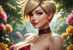 1girls ai_generated antifragile_traysi big_breasts blonde blonde_female blonde_hair blonde_hair_female breast le_sserafim lena_oxton overwatch overwatch_2 oxtonai red_dress short_air tracer