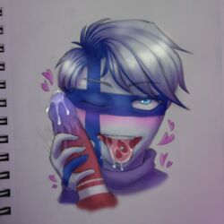 2boys blowjob countryhumans cum cum_in_mouth finland finland_(countryhumans) gay handjob looking_at_viewer looking_back looking_up precum tongue tongue_out tongue_piercing united_states_of_america_(countryhumans) wink yaoi