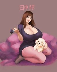 1girls 2019 ass breasts brown_hair canine cleavage clothed_female controller hitomi_tanaka holding_controller huge_breasts japanese japanese_text lemonfont looking_at_viewer pet pink_pants pink_pantyhose playstation red_lipstick sitting small_dog smile sony text thick_thighs wide_hips