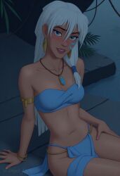 1girls accurate_art_style ai_generated angel_light_(artist) armband artist_name atlantis:_the_lost_empire bare_arms bare_midriff blue_eyes blushing bracelet breasts crystal disney earrings facial_markings feet_out_of_frame female female_only kida loincloth long_hair navel necklace sitting solo tubetop water white_hair