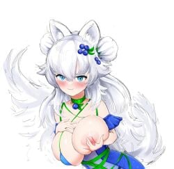 :3 andynoumousensfw areolae astraline blue_dress blue_eyes blueberry blueberry_(fruit) blush breasts breasts_out breasts_out_of_clothes collar fondling_breast fondling_own_breast fruit hair_ornament hand_on_breast large_breasts long_hair lumi_(merryweather) ribbon sketch smile smiling soft_breasts velmusp virtual_youtuber vtuber white_fur white_hair wolf_ears wolf_girl wolf_tail