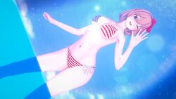 3d belly_button bikini blue_eyes coral_pink_hair doki_doki_literature_club eyebrows_visible_through_hair koikatsu looking_at_viewer mashirosolera medium_breasts ocean one_eye_closed red_bow sayori_(doki_doki_literature_club) short_hair sky thick_thighs usa_bikini waving_at_viewer