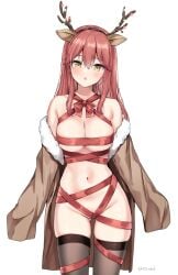 1girls absurd_res absurdres antler_headband antlers bare_belly bare_chest bare_hips bare_navel bare_shoulders bare_skin bare_thighs belly belly_button black_legwear black_thighhighs blush blush_lines blushing_at_viewer blushing_female breasts brown_coat brown_jacket christmas christmas_clothing christmas_headwear christmas_outfit cleavage cleft_of_venus coat collarbone curvy curvy_body curvy_female curvy_figure curvy_hips curvy_thighs dot_nose elbows eyebrows_visible_through_hair female female_focus female_only groin hair_between_eyes half_naked head_tilt high_resolution highres hourglass_figure jacket kaetzchen legs legwear light-skinned_female light_skin liliya_(kaetzchen) long_hair looking_at_viewer medium_breasts mole mole_on_breast naked naked_female navel nude nude_female off_shoulder open_mouth original original_art original_artwork original_character parted_lips pussy red_hair red_hair_female reindeer_antlers reindeer_costume reindeer_ears shoulders simple_background slender_body slender_waist slim_girl slim_waist solo standing thick_thighs thigh_gap thighhighs thighs thin_waist tilted_head upper_body v-line white_background wide_hips yellow_eyes yellow_eyes_female