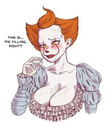 big_forehead blush blushing breasts cleavage clown clown_girl clown_makeup cum cum_in_cleavage cum_on_breasts dialogue dress english_text eyeshadow female frilly_clothing frilly_dress genderswap_(mtf) gloves horror huge_breasts it lipstick makeup orange_hair pennywise redhead rule_63 sir.pidge solo_female voluptuous yellow_eyes