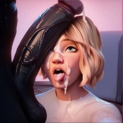 1boy 1girls ai_generated avengers black_bra blonde_hair cum cum_on_body cum_on_tongue facial female gwen_stacy large_penis large_testicles light-skinned_female male marvel marvel_comics penis selfie spider-gwen spider-man:_into_the_spider-verse spider-man_(series) symbiote tongue_out venom_(marvel)