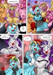anthro anthrofied applejack_(mlp) big_breasts breasts cleavage clothed clothing comic dialogue english_text equid equine female female/female fluttershy_(mlp) friendship_is_magic genitals group hasbro hi_res horn mammal my_little_pony mythological_creature mythological_equine mythology nipples pia-sama pinkie_pie_(mlp) profanity pussy rainbow_dash_(mlp) rarity_(mlp) text unicorn